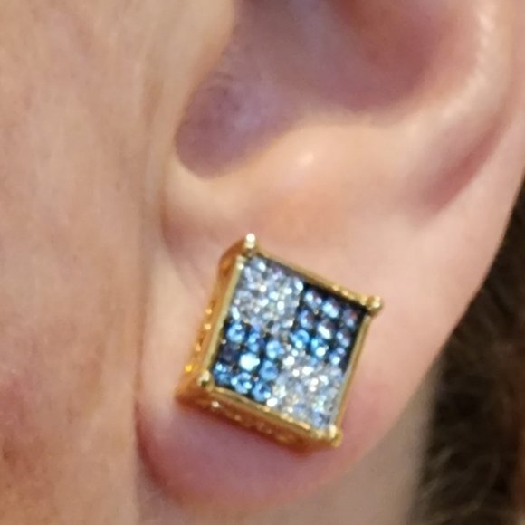 Iced Square Stud Pave Crystal Gold Plated Blue White Crystal Pierced Earrings - Picture 10 of 11
